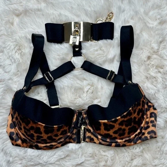 RARE 🔥 Honey Birdette CHASTITY 🐆🖤 Jaguar 3 Piece Set 34D, M Waspie, XS Brief